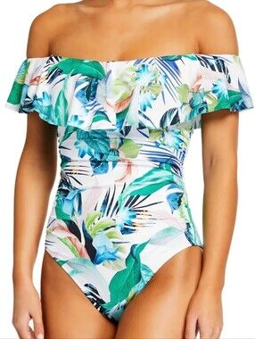LA BLANCA In The Moment Tropical Off The Shoulder Ruffle One-Piece Swimsuit 10